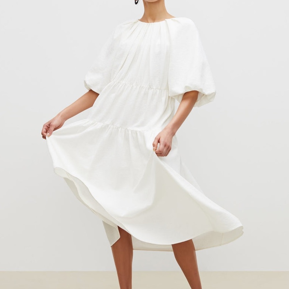 MM Lafleur White Cream Tiered Hem Short Puff Sleeve Cottagecore Medina Mid Dress